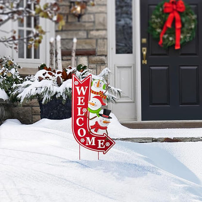 Glitzhome Christmas Welcome Yard Stake, 35.75 Inch Snowmen with Red Arrow Sign, Metal Outdoor Holiday Decor for Lawn, Garden, Porch, Easy Assembly Iron Wall or Ground Decoration