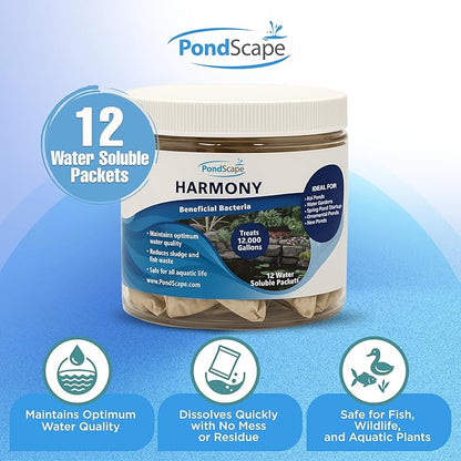 PONDSCAPE Harmony Beneficial Bacteria – Natural Clarifier Packets for Ponds, Waterfalls & Fountains – Supports Visual Clarity & Healthy Water Balance – 12 Packets