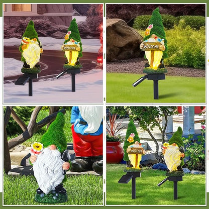 Rossesay 2 Pcs Solar Garden Gnomes Outdoor Decorations with Welcome Sign, Waterproof Resin Gnome Statues with Lights for Outside Yard Patio Porch Decor, Mothers Day Gifts for Mom Grandma Women