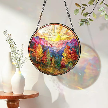 7.8 Inch Stained Glass Window Hanging Sunrise Mountains Tree Sun Catcher Indoor Window Door Wall Yard Home Decor Landscape Colorful Glass Panel Suncatcher Gifts for Women Men Mom Grandma