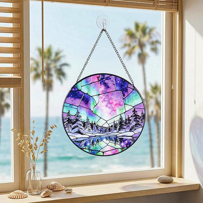 Stained Glass Window Hanging Suncatchers with Aurora Borealis 12.6", Winter Landscape Glass Panel with Metal Chain for Home Decor Gift for Women Mother's Day, Birthday, Men, and Mom