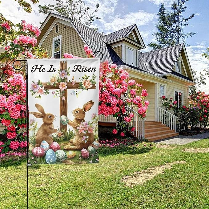 He is Risen Bunny And Floral Garden Flags 12×18 Inch Double Sided Decorative Yard Banner Seasonal Flag for Outdoor Outside Decor