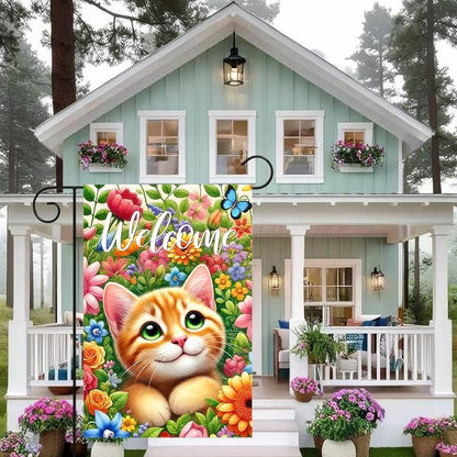 BlissYard Spring Cat Garden Flag 12x18 Inches Double Sided Cute Colorful Floral Sunflower Butterfly Welcome Yard Flags Summer Seasonal Flower for Outside Decor Home Farmhouse Holiday Decorations