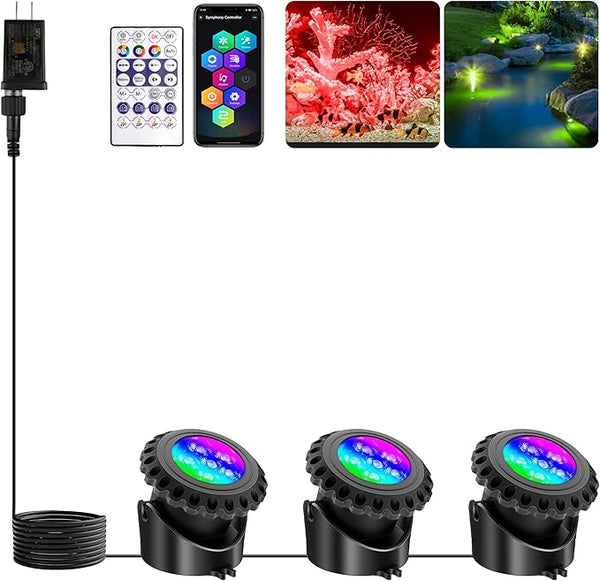 T-SUN Colored Pond Lights with Timer, LED Underwater Submersible Fountain Fish Tank Landscape Lights - Smart APP & Remote Control, IP68 Waterproof (Set of 3)