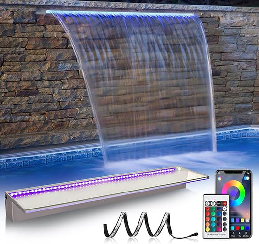 PONDO 36'' APP Pool Waterfall with 16 Colors LED Lights, Acrylic Pond Fountain Set for Outdoor Decorations, Patio Waterfall Spillway Kit on The Wall for Garden, Easy Installation