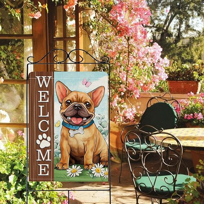 Dyrenson Welcome French Bulldog Dog 28 x 40 House Flag Double Sided, Paw Print Garden Yard Decoration Pet Owner Lover Gift, Spring Summer Burlap Outdoor Decor Decorative Large Flag