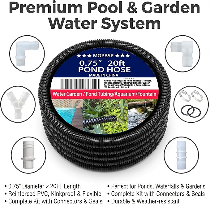 Corrugated Pond Tubing - Flexible, Kinkproof, Reinforced PVC Hose for Water Gardens, Pumps, Waterfalls & Aquaculture (20 Feet Black, 3/4 Inch)