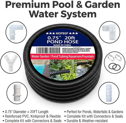 Corrugated Pond Tubing - Flexible, Kinkproof, Reinforced PVC Hose for Water Gardens, Pumps, Waterfalls & Aquaculture (20 Feet Black, 3/4 Inch)