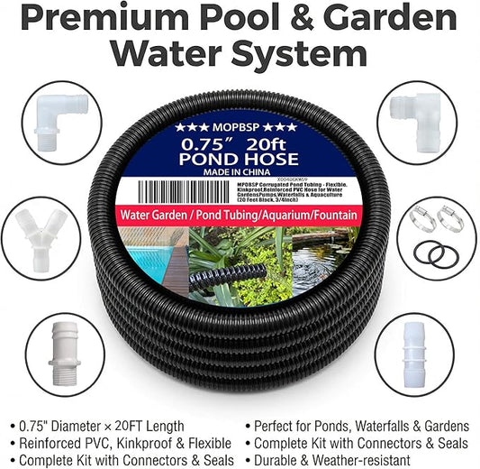 Corrugated Pond Tubing - Flexible, Kinkproof, Reinforced PVC Hose for Water Gardens, Pumps, Waterfalls & Aquaculture (20 Feet Black, 3/4 Inch)