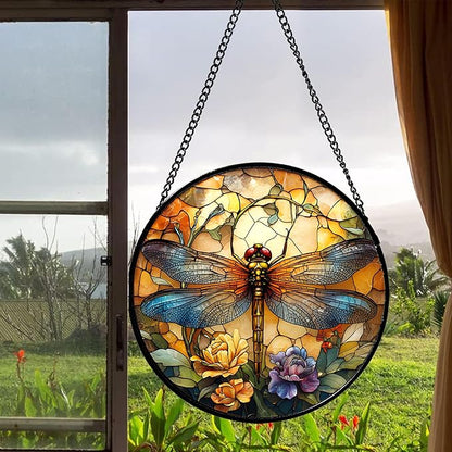 Stained Glass Window Hanging - Orange Blue Dragonfly Flower Suncatcher for Doors Window Home Sun Catchers Decor Christmas Mother's Day Birthday Outdoor Gifts for Women Men Mom Nana 9.8 in