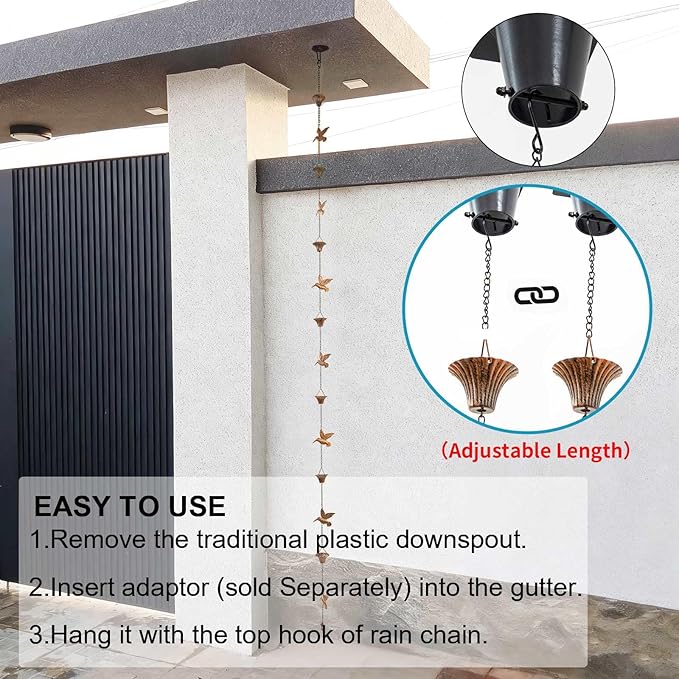 8.5FT Rain Chain for Gutters, Rain Chains for Outside with 7 Cups + 7 Birds, Rustproof Rain Catcher Chain, Replacement for Downspout (Brown Bird)
