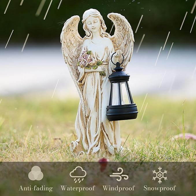 TERESA'S COLLECTIONS Angel Garden Statues with Warm Solar Light for Outdoor Decor, Resin Figurines Holding Solar Lantern for Outside, Lawn Ornament for Yard Patio Hallway, Gifts for Mom Women, 10"