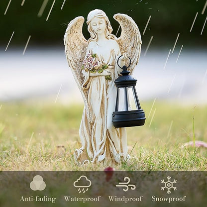 TERESA'S COLLECTIONS Angel Garden Statues with Warm Solar Light for Outdoor Decor, Resin Figurines Holding Solar Lantern for Outside, Lawn Ornament for Yard Patio Hallway, Gifts for Mom Women, 10"