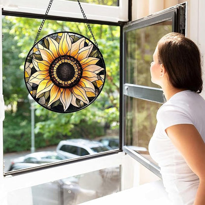 Stained Glass Window Hanging - Sunflower Suncatcher for Door Garden Patio Retro Flower Sun Catchers Decor Christmas Mother's Day Birthday Gifts for Women Mom Nana Friend Wife 9.8 in