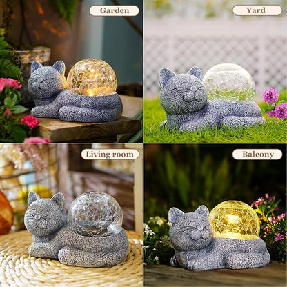 Solar Cat Garden Statue Large for Outdoor Decor with Cracked Glass Figurine Lighting Resin Succulent Cat Decorations Patio Lawn Yard Housewarming Mom Gifts