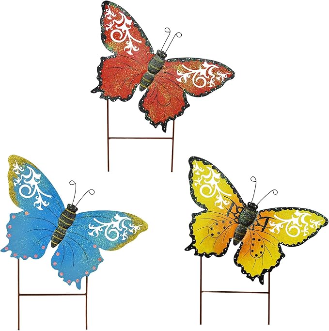 Attraction Design Butterfly Garden Stake Decorative Butterfly Yard Stake, Cute Insect Decor Metal Yard Art Decor Outdoor Garden Decoration for Patio Porch Lawn Pathway Backyard (Colorful)