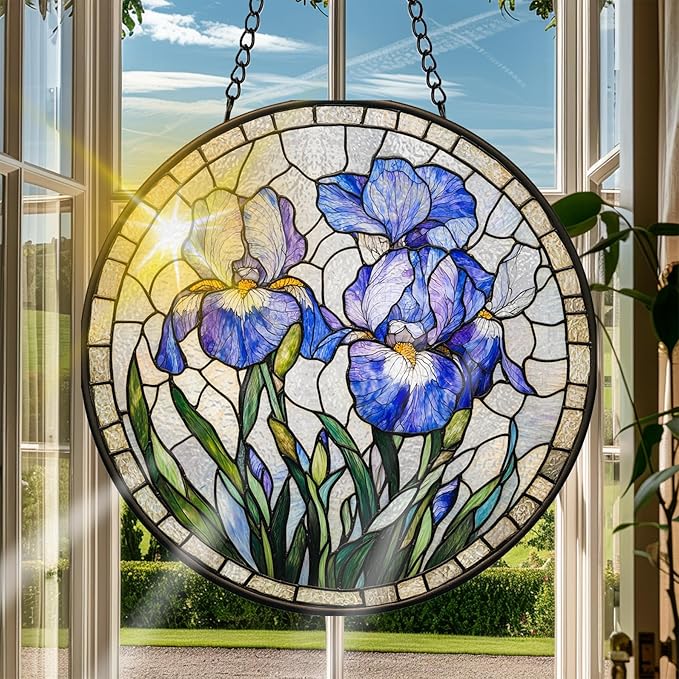 VAIIEYO Purple Flowers Sun Catcher Stained Glass Window Hanging Ornament, Handmade Sun Catcher Flower Decoration with Hooks for Window Garden Home, Housewarming Gift 7.8 inch