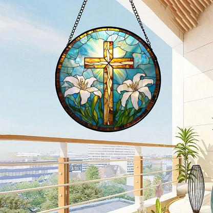 Christian Gifts for Women - Cross Stained Glass Window Hanging Jesus Easter White Lily Flower Sun Catcher Garden Religion Decor Mother's Day Catholic Gift for Men Grandma Mom Her Nana 7.8"