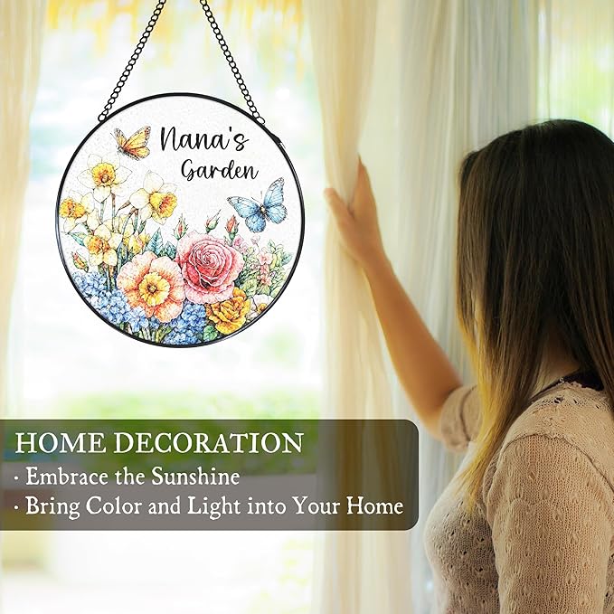 Nana's Garden Gifts Stained Glass Suncatcher for Grandma from Grandkids, Nana Grandma Gifts Window Hanging Wall Art Decoration for Mothers Day Christmas Birthday, 7.8 x 7.8 in