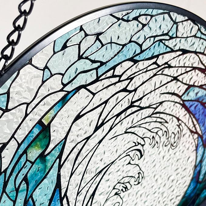 Ocean Waves Stained Glass Suncatcher, Handmade Window Hanging Wall Art with Chain, Real Glass Coastal Home Decor, Unique Sun Catcher Gift for Women, Christmas, 9.8