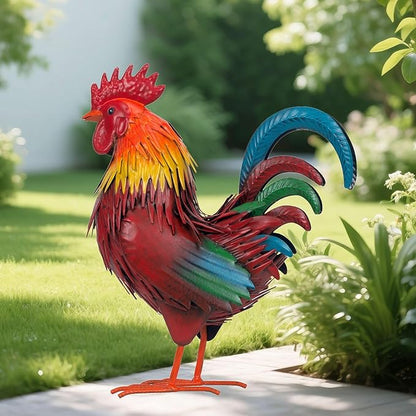 Ratuor Rooster Garden Statue Sculpture Metal Chicken Yard Decor Outdoor Figurines Patio Backyard Decoration (red)
