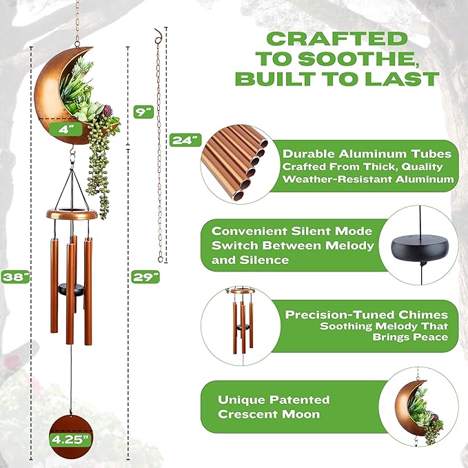 Premium Moon Wind Chimes for Outside – Deep Tone Sympathy & Memorial Wind Chime Gift for Loss of a Loved One, Outdoor Garden Patio Décor (Gold)