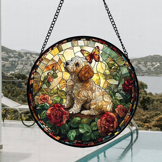 DASTOLL Stained Glass Window Hanging, Cute Dog and Flowers Suncatcher for Doors Home Butterfly Sun Catchers Decoration and Christmas, Mother's Day Birthday Gifts for Women, Men, and Mom 14.9x14.9 in