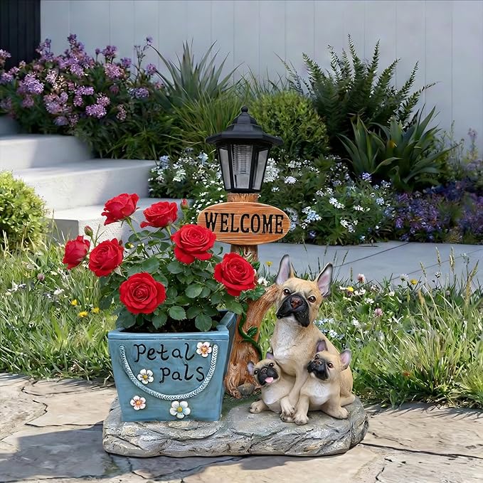 Solar Garden Statue with Planter & Solar Lantern, Outdoor Resin Animal Sculpture, Waterproof Yard Lawn Decor Pot for Succulents, Front Porch Ornament Housewarming Gift (French Bulldog)