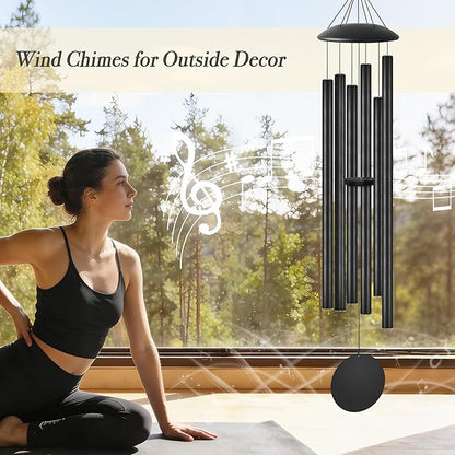 45" Extra Large Wind Chimes with Outside Deep Tone, 6 Thick and Bold Aluminum Tubes, Coolest Metal Windchimes Outdoors with Pine Wood Striker, Unique Gift for Mom, Garden Decoration(Black)
