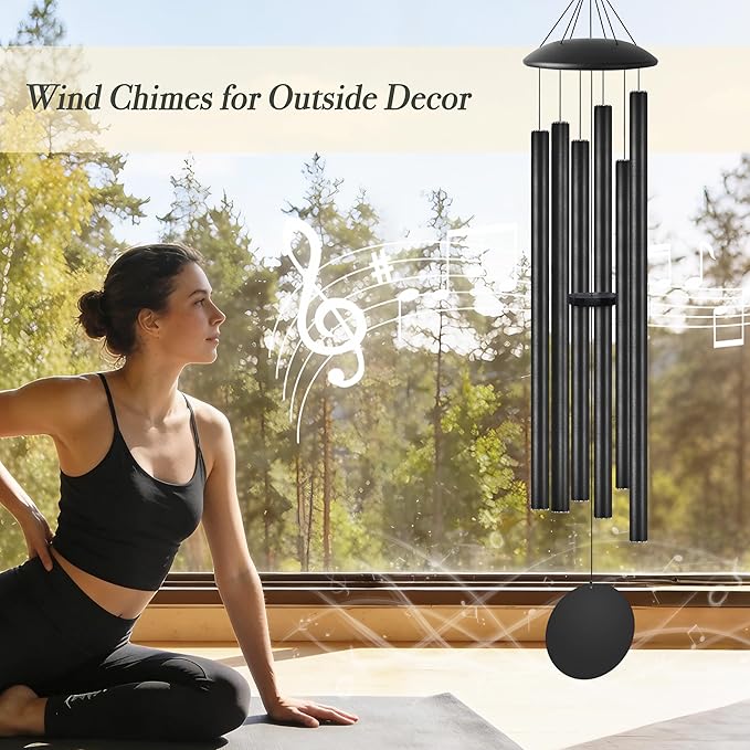 60" Extra Large Wind Chimes with Outside Deep Tone, 6 Thick and Bold Aluminum Tubes, Coolest Metal Windchimes Outdoors with Pine Wood Striker, Unique Gift for Mom, Garden Decoration(Black)