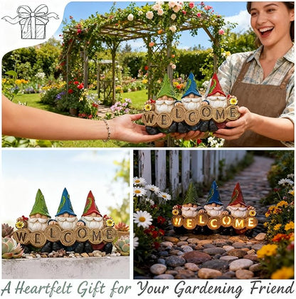 Garden Gnomes Solar Powered Welcome Statue, Outdoor Patio Yard Decor, Durable Resin, for Mom/Grandma, Anniversary & Easter Gifts for Women/Grandkids, Perfect for Spring Gardening