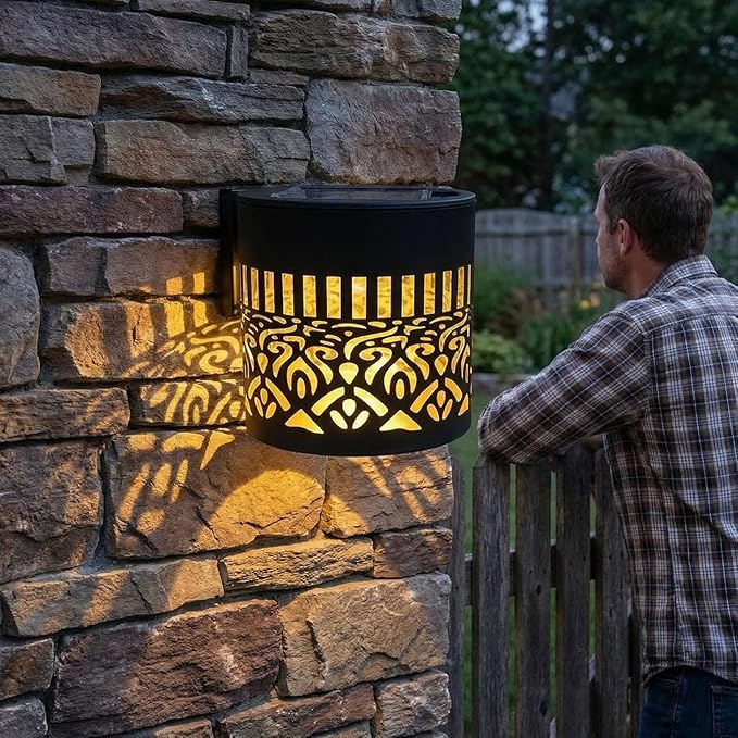 Decorative Solar Mandala Lights, IP65 Waterproof Outdoor Solar Fence Lights, Auto On Off Metal LED Wall Sconce, Solar Powered Decor Lighting for Garden Patio Yard Deck Pathway Porch(1 Pack, Black)