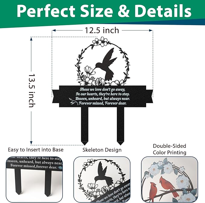 Memorial Stakes for Graves, Grave Decorations for Cemetery with Hummingbird Decor, Metal Memorial Plaques for Outdoors, Grave Yard Decorations as Sympathy Gifts for Loss of Loved One
