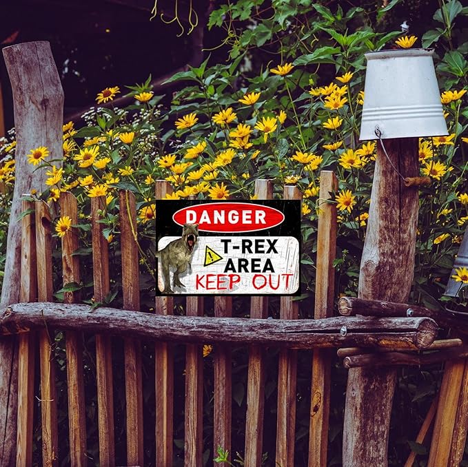 Funny Beware of Dog Sign Private Property No Trespassing Warning Signs, Danger T-Rex Area Keep out, Yard Sign Garage Farm Garden Wall Decor Sign Plaque Outdoor for Home Fence 8 X 12 Inches