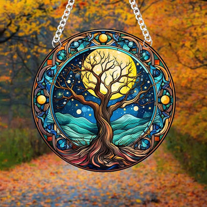 1PC Tree of Life Stained Glass Suncatcher Nature Round Big Trees and Stars Moon Suncatcher Hanging Decoration with Metal Chain-SunCatchers for Window Decor Outdoor Garden Decor Gift
