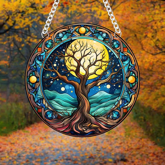 1PC Tree of Life Stained Glass Suncatcher Nature Round Big Trees and Stars Moon Suncatcher Hanging Decoration with Metal Chain-SunCatchers for Window Decor Outdoor Garden Decor Gift
