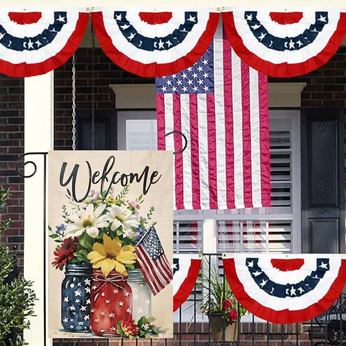 4th of July Mason Jar Flowers Summer Garden Flag 12x18, Patriotic Celebration Double-Sided Decorative Burlap Yard Flag for Memorial Day Independence Day Outside Decoration Holiday Festivities