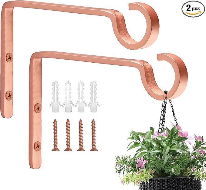 Monarch Abode Plant Hangers – Wall Mount Plant Hooks for Hanging Baskets, 6 Inch Metal Brushed Copper Fence Wall Plants Hanger for Outdoor Indoor, Flower Pot, Bird Feeder, Wind Chime Bracket, 2 Pack