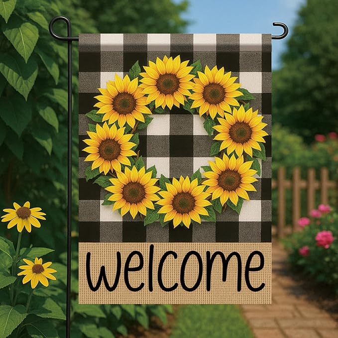 Buffalo Plaid Welcome Wreath Garden Flag Sunflower Flower Flag 12x18 Double Sided Tropical Floral Yard Decor Welcome Sign for Spring Summer Outdoor Porch Patio Lawn Farmhouse