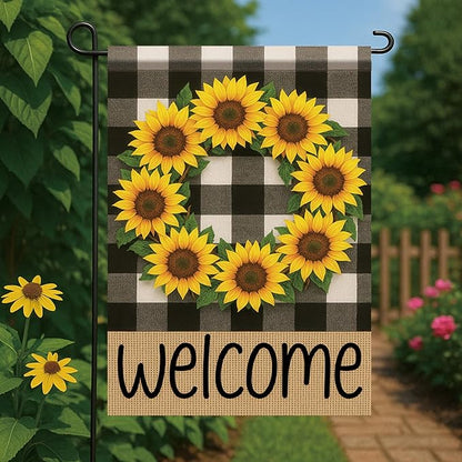 Buffalo Plaid Welcome Wreath Garden Flag Sunflower Flower Flag 12x18 Double Sided Tropical Floral Yard Decor Welcome Sign for Spring Summer Outdoor Porch Patio Lawn Farmhouse