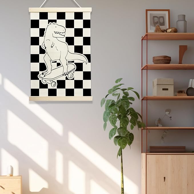 Skateboarding Dinosaur Wall Art, Checkered Black and White Kids Room Decor, Cool Poster for Boys Bedroom or Playroom, 12x17 Inch Canvas Hanging (135)