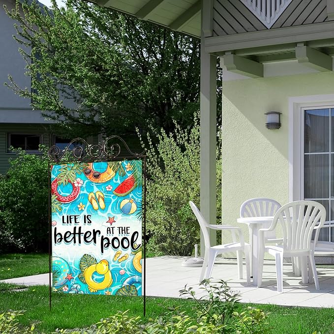 Summer House Flags for Outdoor Decoration, LIFE IS BETTER AT THE POOL Large Yard Flag, Seasonal Decorative Celebration Decor for Spring Farmhouse Holiday Outside 28x40 Inch Vertical Double Sided