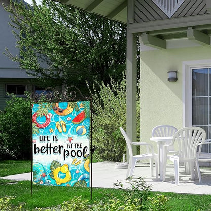 Summer House Flags for Outdoor Decoration, LIFE IS BETTER AT THE POOL Large Yard Flag, Seasonal Decorative Celebration Decor for Spring Farmhouse Holiday Outside 28x40 Inch Vertical Double Sided