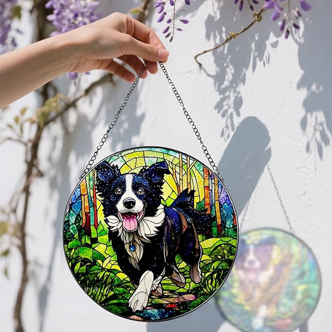 8″ Stained Glass Window Hanging Ornament, Border Collie Stained Glass Suncatcher Ornament, Sun-Catcher Window Decor | Gifts for Dog Lovers, Dog Lover Gift, Pet Lover Gift