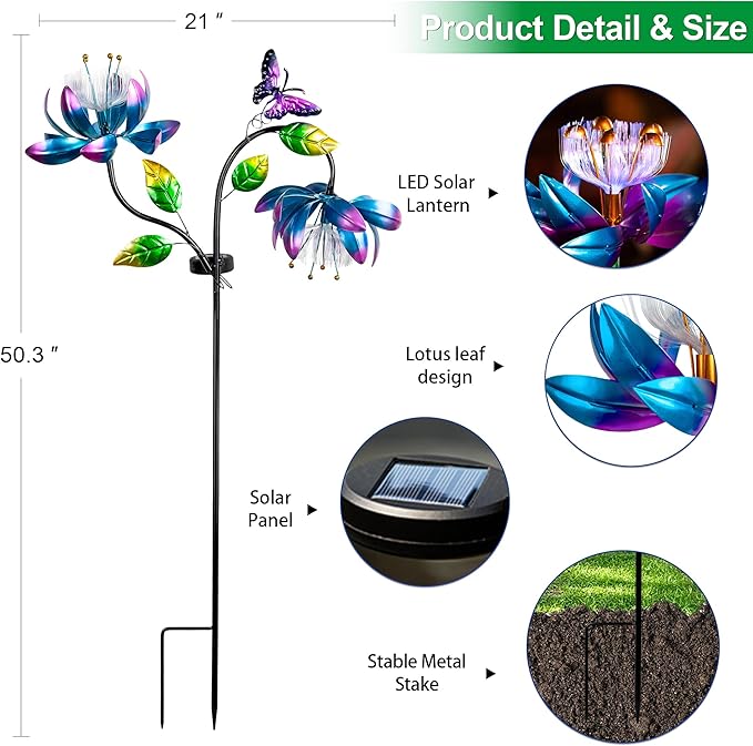 Solar Wind Spinner Outdoor Metal Garden Decor – 2-in-1 Kinetic Double Lotus Flower Stake with Glowing Fiber Optic Lights, Multi-Color Spinning Yard Art Sculpture for Patio, Lawn, and Pathway