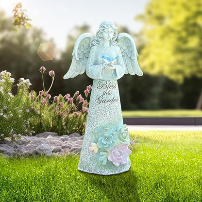 Angel Garden Statue Outdoor Decor, Angel Garden Holding Bird with Solar Lights, Gardening Gifts for Mom Grandma, Art Decoration Lawn Ornament Sculpture for Outside