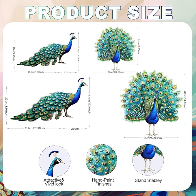 Riakrum 4 Pcs Metal Peacock Statue Garden Decor Outdoor Metallic Peacock Tail Spread Yard Lawn Decoration Housewarming Birthday Gifts for Patio, Lawn, or Entryway, Multicolor