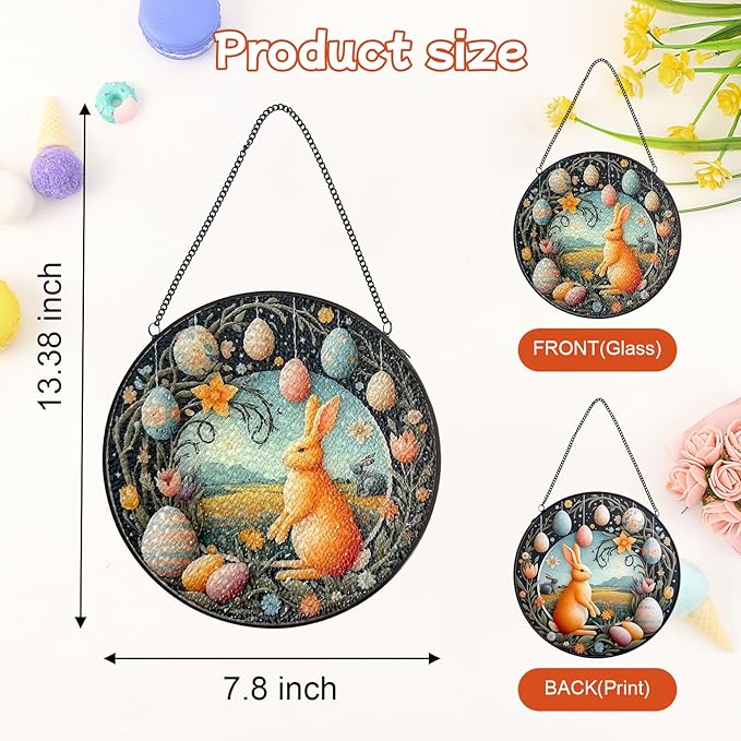 Easter Bunny Stained Glass Window Hanging Suncatcher, Colorful Rabbit with Egg Spring Decor for Home Garden, Animal Glass Art Ornament, Birthday Gift for Women Mom Nana, 7.8 Inch Sun Catcher