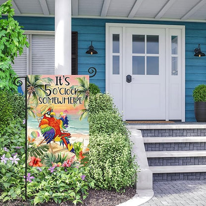 Summer Garden Flags for Outside, It's 5 O'clock Somewhere Beach Parrot Small Seasonal Decoration for Farmhouse Holiday Yard Outdoor Decor 12x18 Inch Double Sided