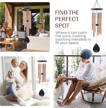 UpBlend Wind Chimes for Outside Gift – Deep Tone Wind Chime with Decorative Stone – Porch & Patio Decor, Elegant Outdoor Ornament, Garden Gifts. 28” Gold.